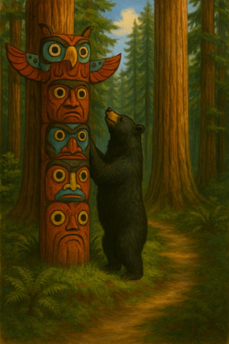 bear climbing totem-pole